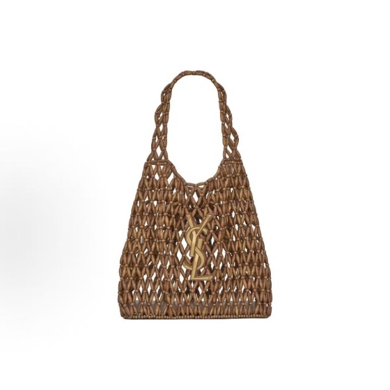 SAINT LAURENT YSL ICARE round bead handbag with bronze trim, medium-sized shoulder bag for women, light wood color with brick red